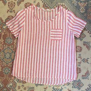 Christian Siriano Pink & White Striped Short Sleeve Linen Top